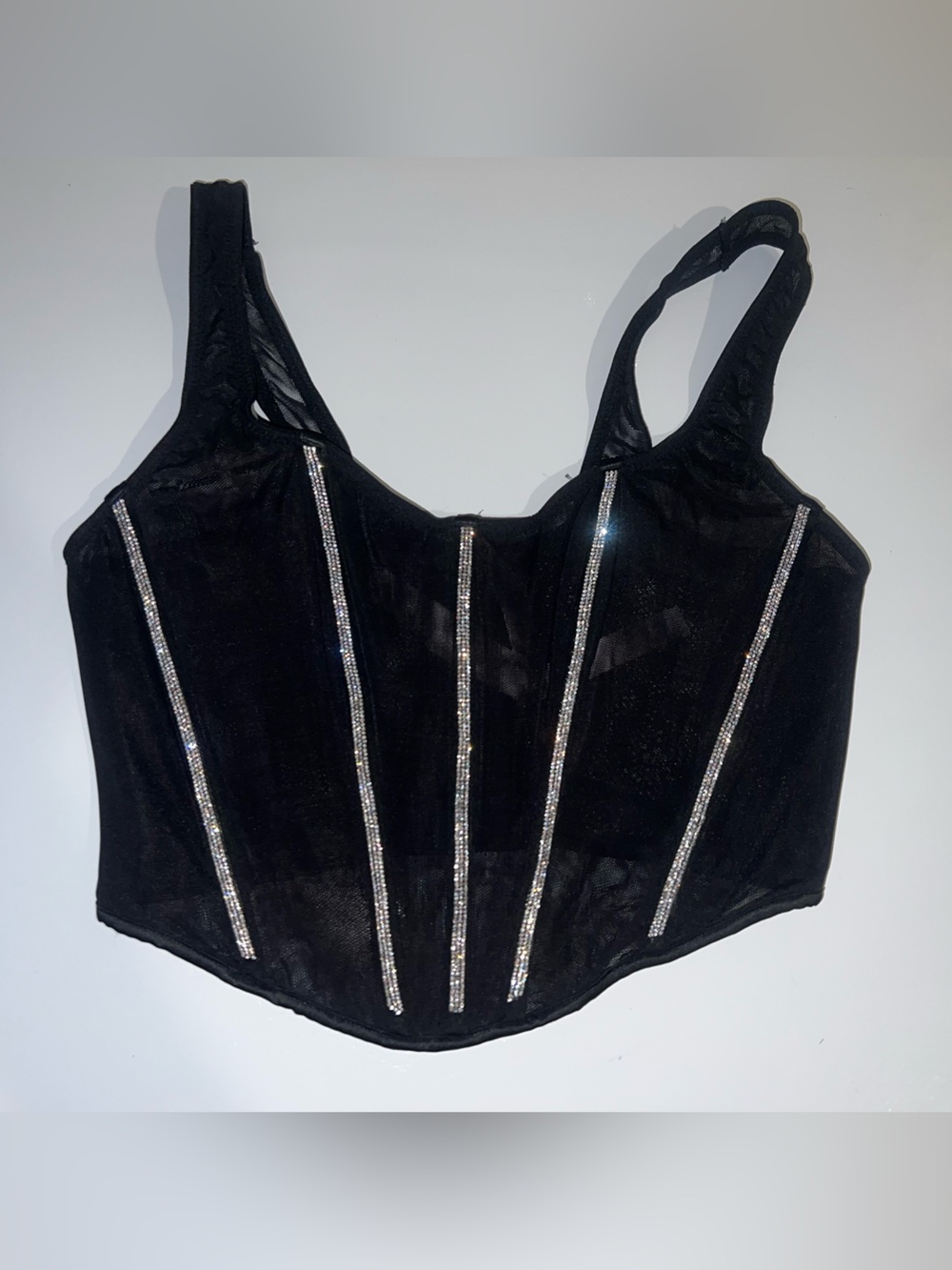 🖤 Victoria's Secret Black Mesh Rhinestone Corset Crop Top NWT Size S